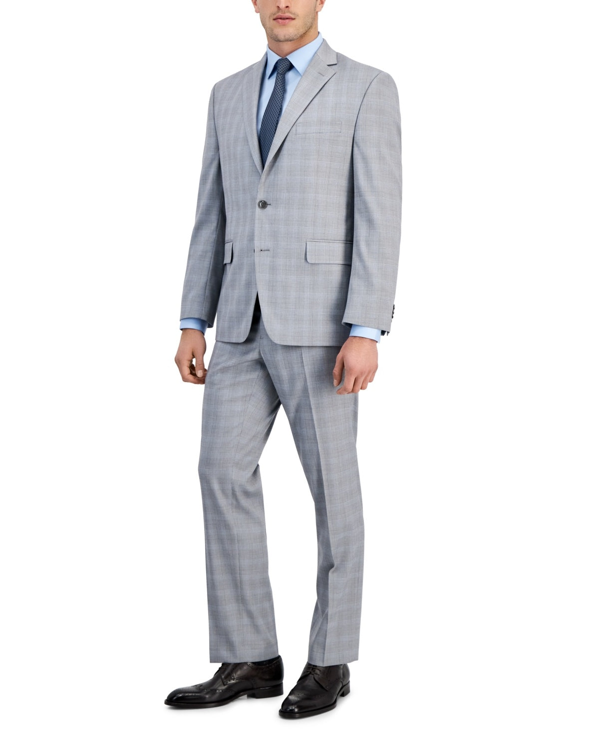 Perry Ellis Mens Modern 2 Piece Suit 38 R / 31 Waist Light Grey Plaid Stretch