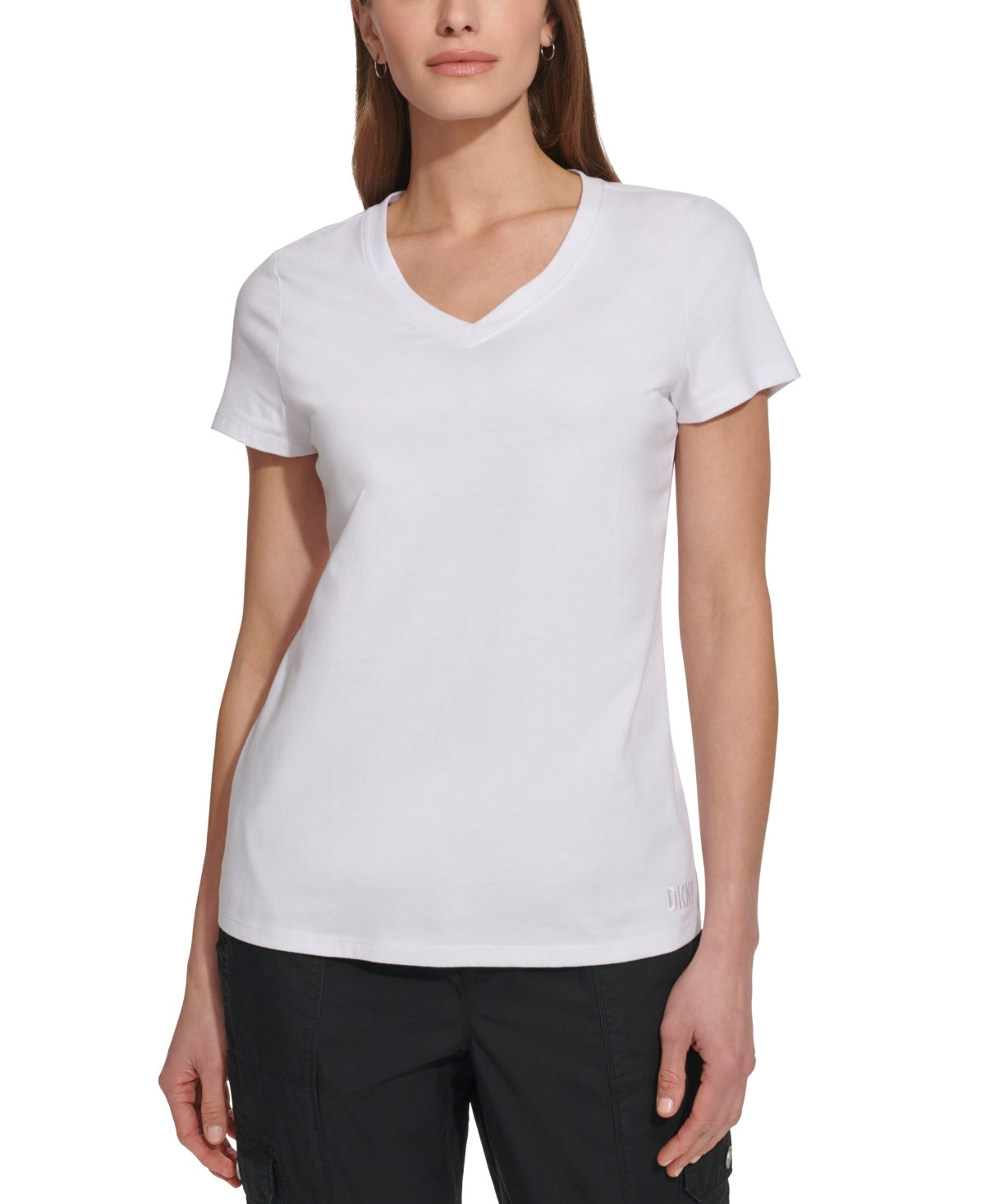 Dkny Womens Regular fit Short Sleeve V Neck T-Shirt Shirt Large White Solid