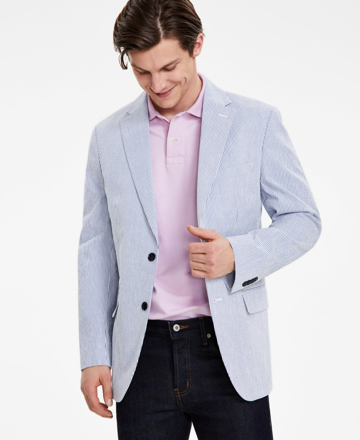Tommy Hilfiger Mens Modern fit Seersucker Sport Coat Blazer 50 L Blue Striped