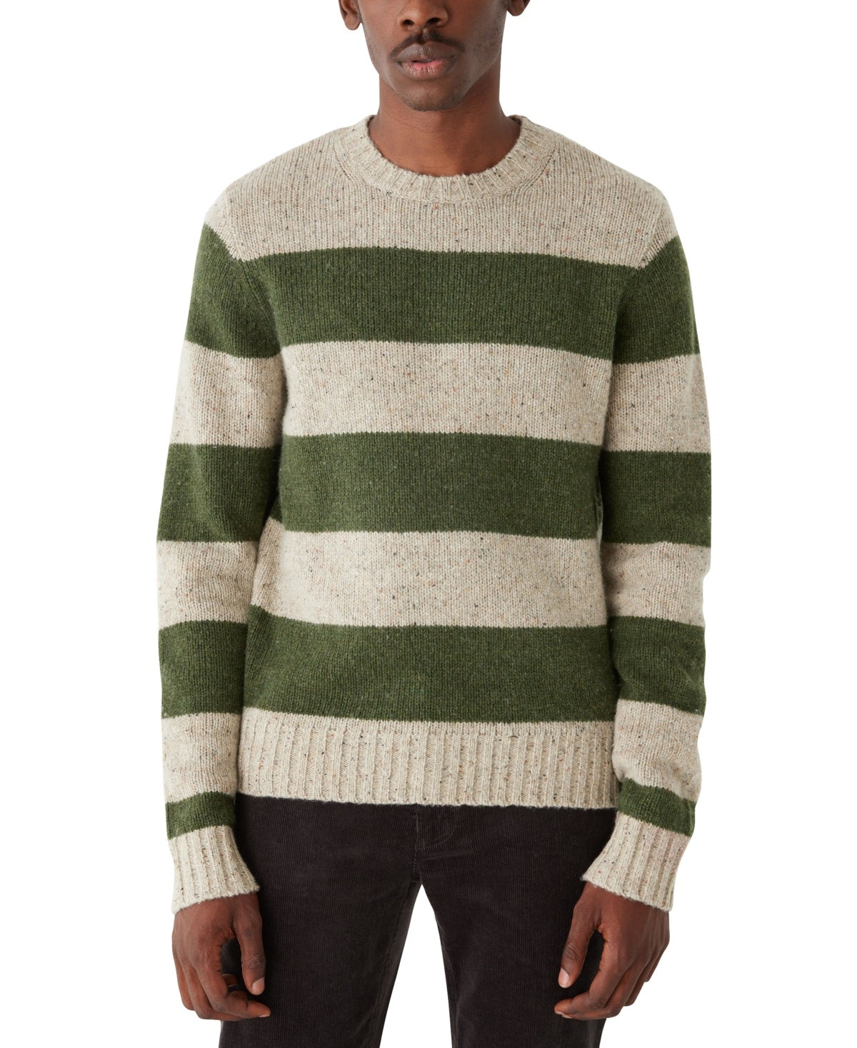 Frank and Oak Men's Striped Crewneck Long Sleeve Sweater Forest Green Beige XXL