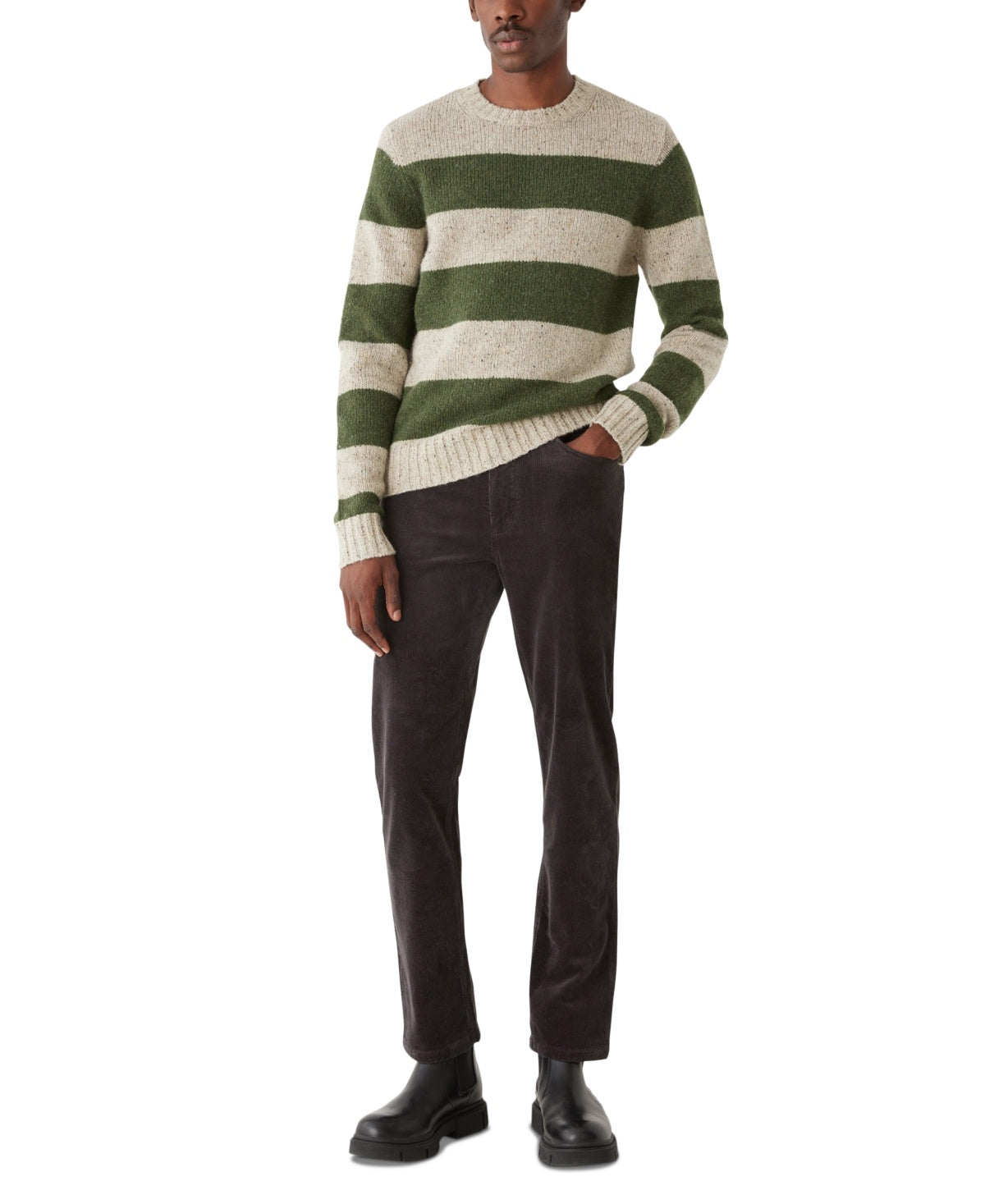 Frank and Oak Men's Striped Crewneck Long Sleeve Sweater Forest Green Beige XXL