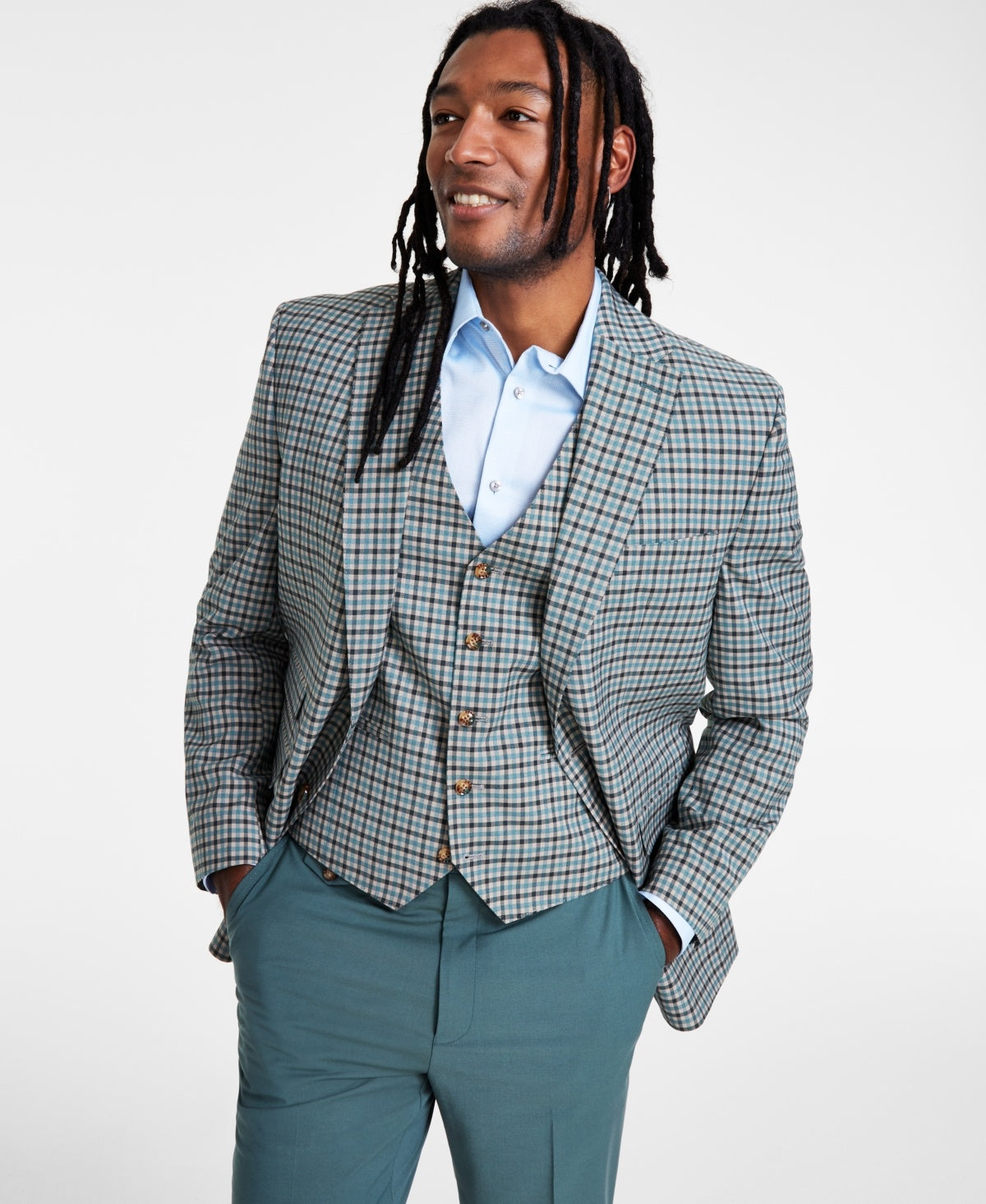 Tayion Collection Mens Classic fit Suit Jacket Blazer 40 R Blue Plaid