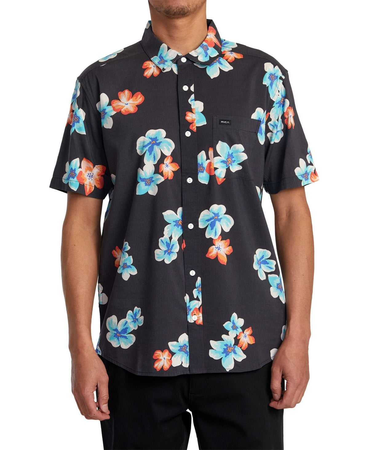 Rvca Mens Regular fit Short Sleeve Button-Up Shirt Small Black Floral