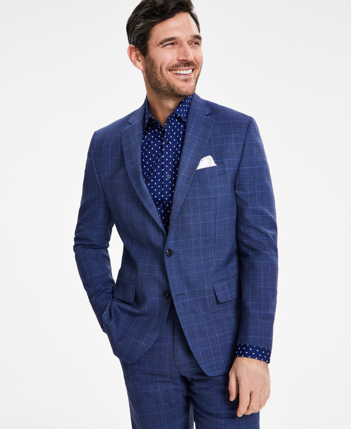 Michael Kors Mens Classic fit Suit Jacket Blazer 46 S Blue Plaid Stretch