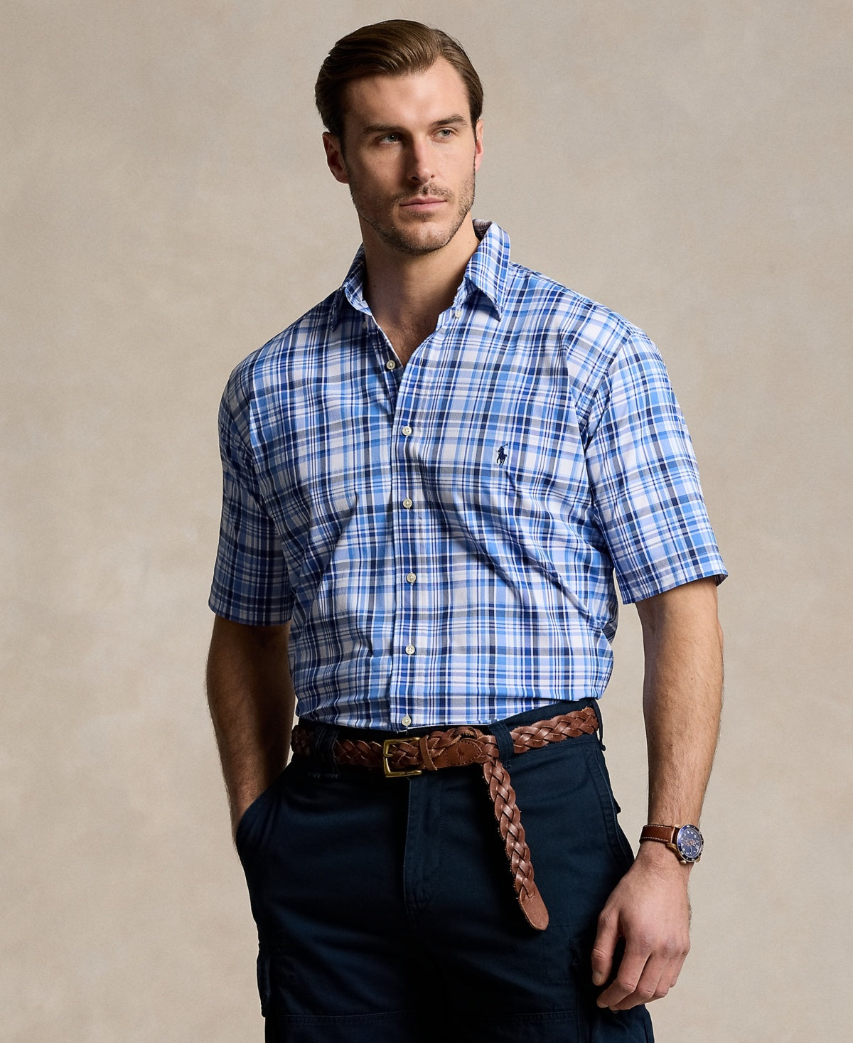 Polo Ralph Lauren Men Regular fit Short Sleeve Button-Up Shirt 3XLT Blue Plaid