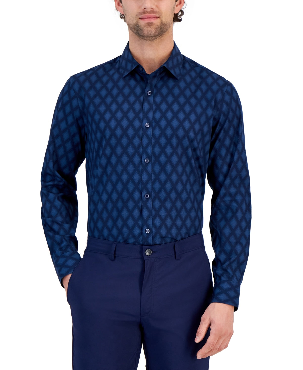 Alfani Mens Regular fit Long Sleeve Button-Up Shirt Small Blue Argyle/Diamond
