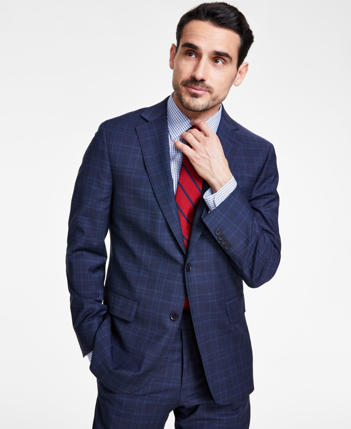 Brooks Brothers Mens Classic fit Suit Jacket Blazer 44 L Navy Blue Plaid Stretch