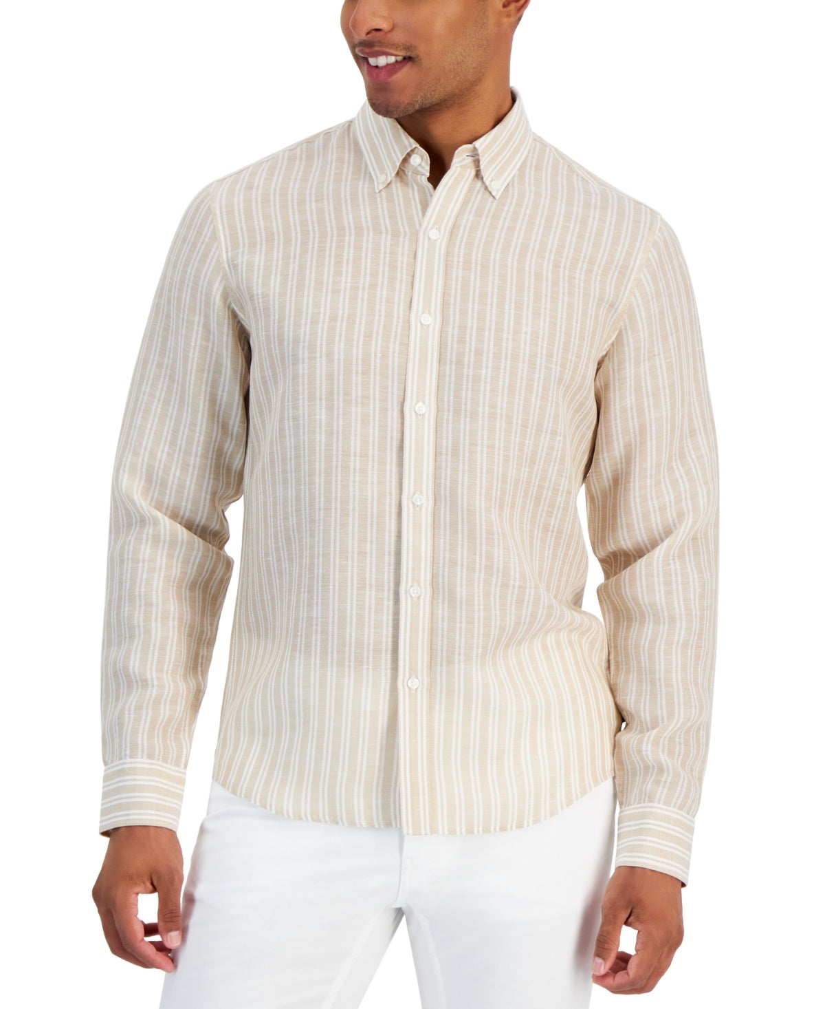 Michael Kors Mens Slim fit Long Sleeve Button-Up Shirt Small Beige Striped