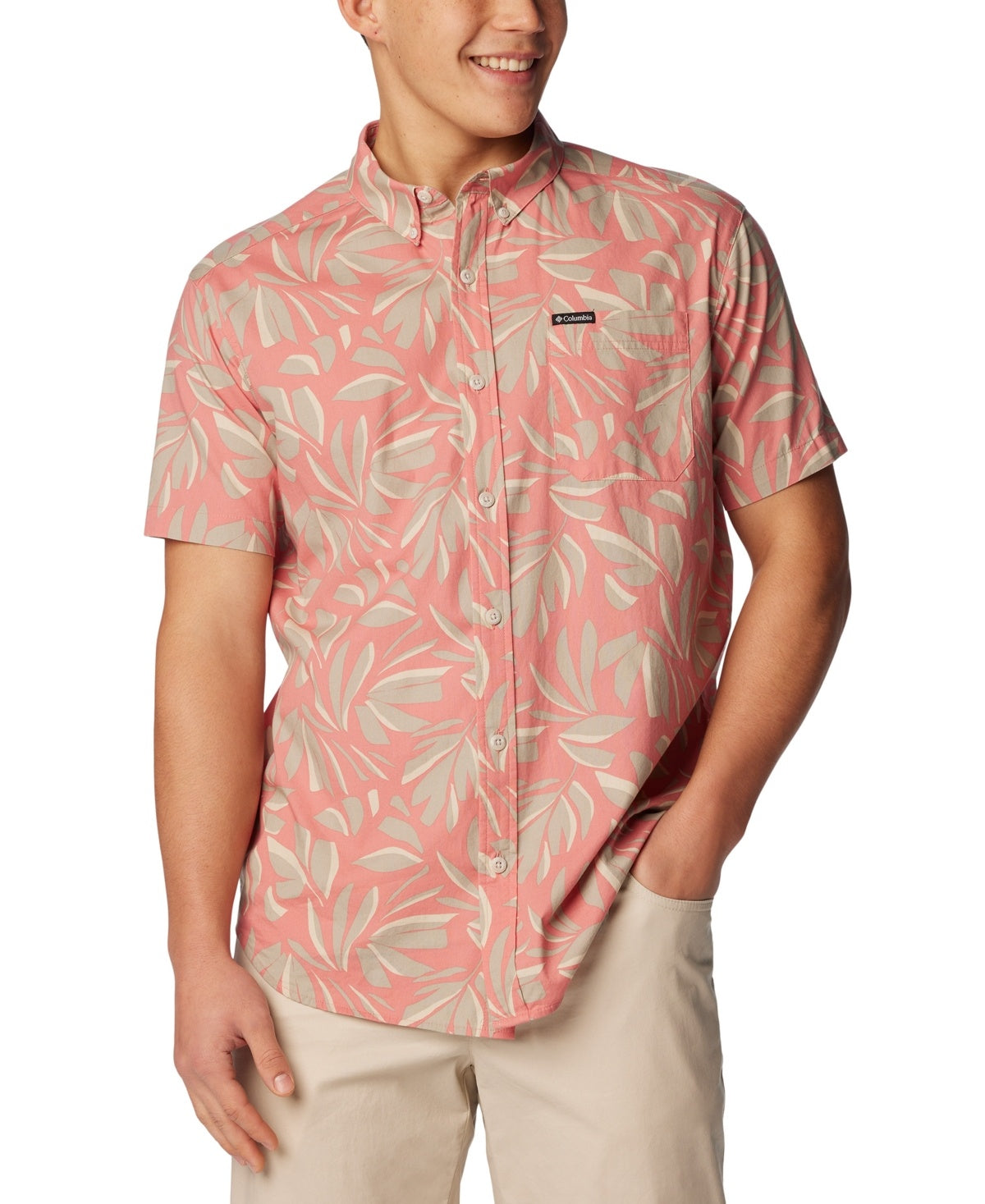 Columbia Men Regular fit Short Sleeve Button-Up Shirt Small Red Floral