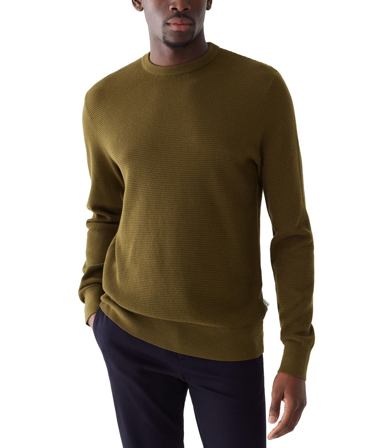 Frank And Oak Mens Dark Cotton Waffle Crewneck Sweater Green Large