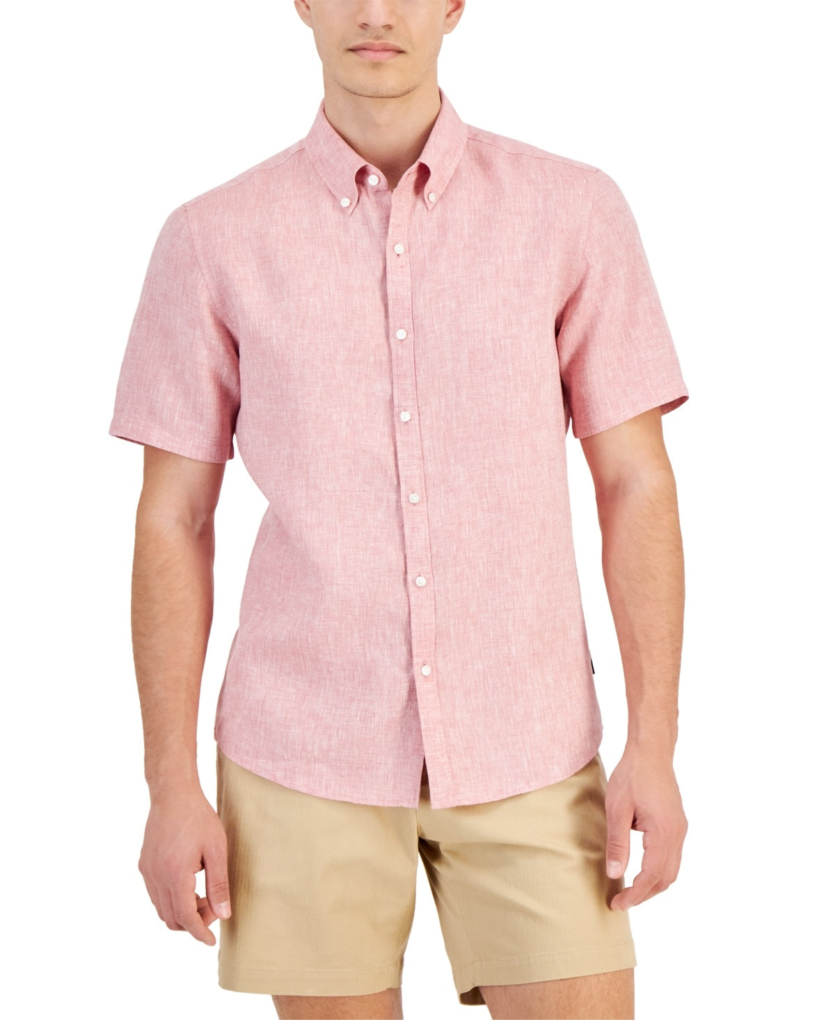 Michael Kors Mens Slim fit Short Sleeve Button-Up Shirt XS Light Red Solid Linen