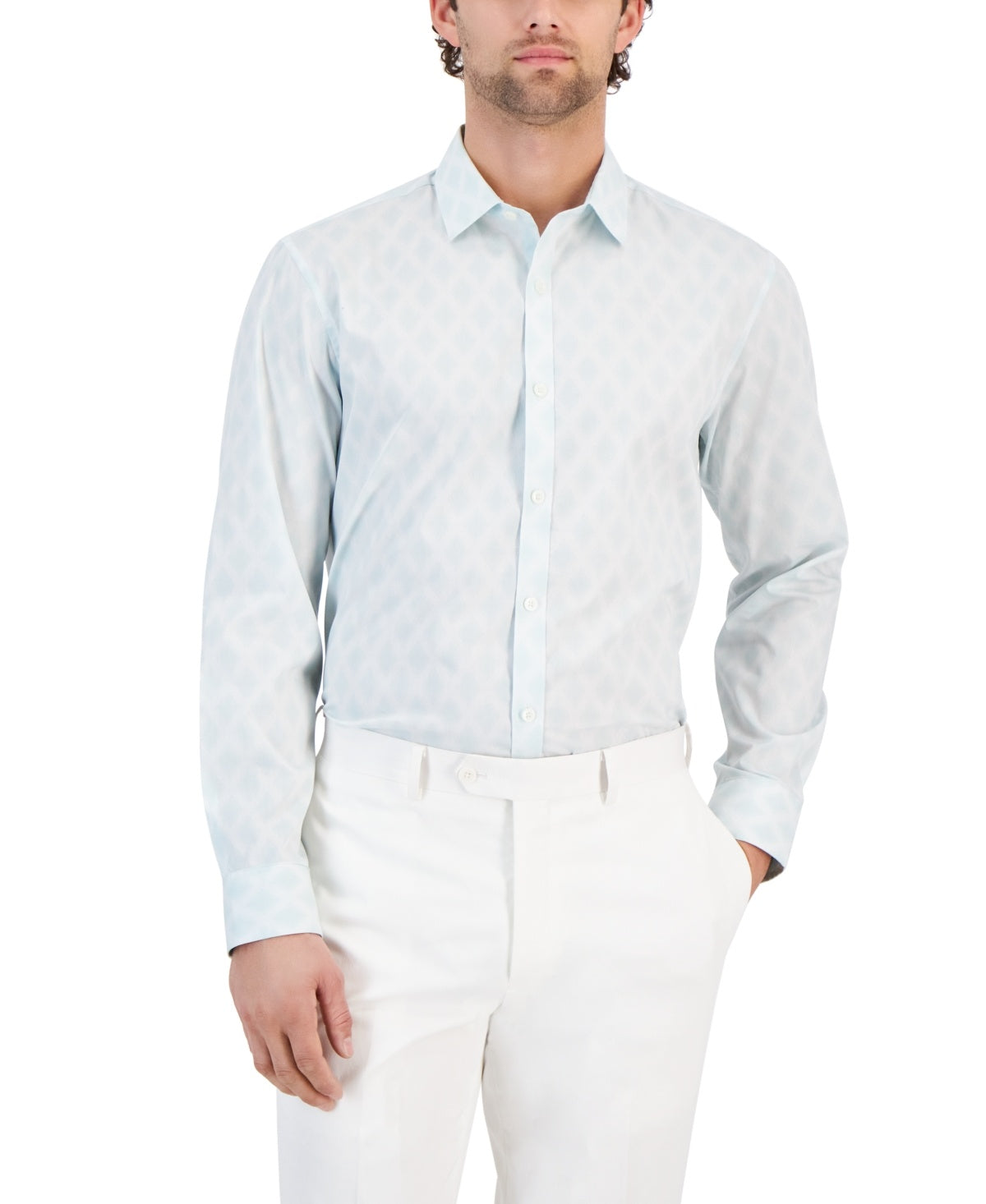 Alfani Men Regular fit Long Sleeve Button-Up Shirt Medium Green Geometric