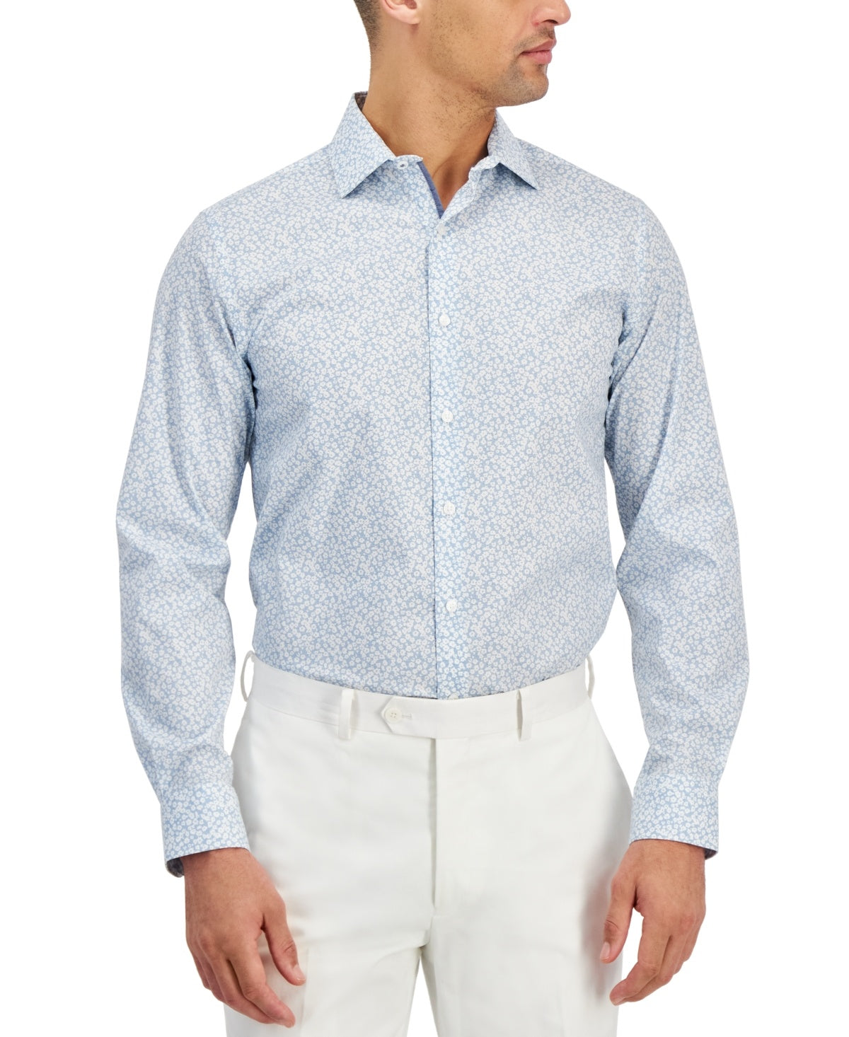 Bar Iii Mens Slim fit Dress Shirt Large 16-16.5 Long Sleeve Light Blue Floral