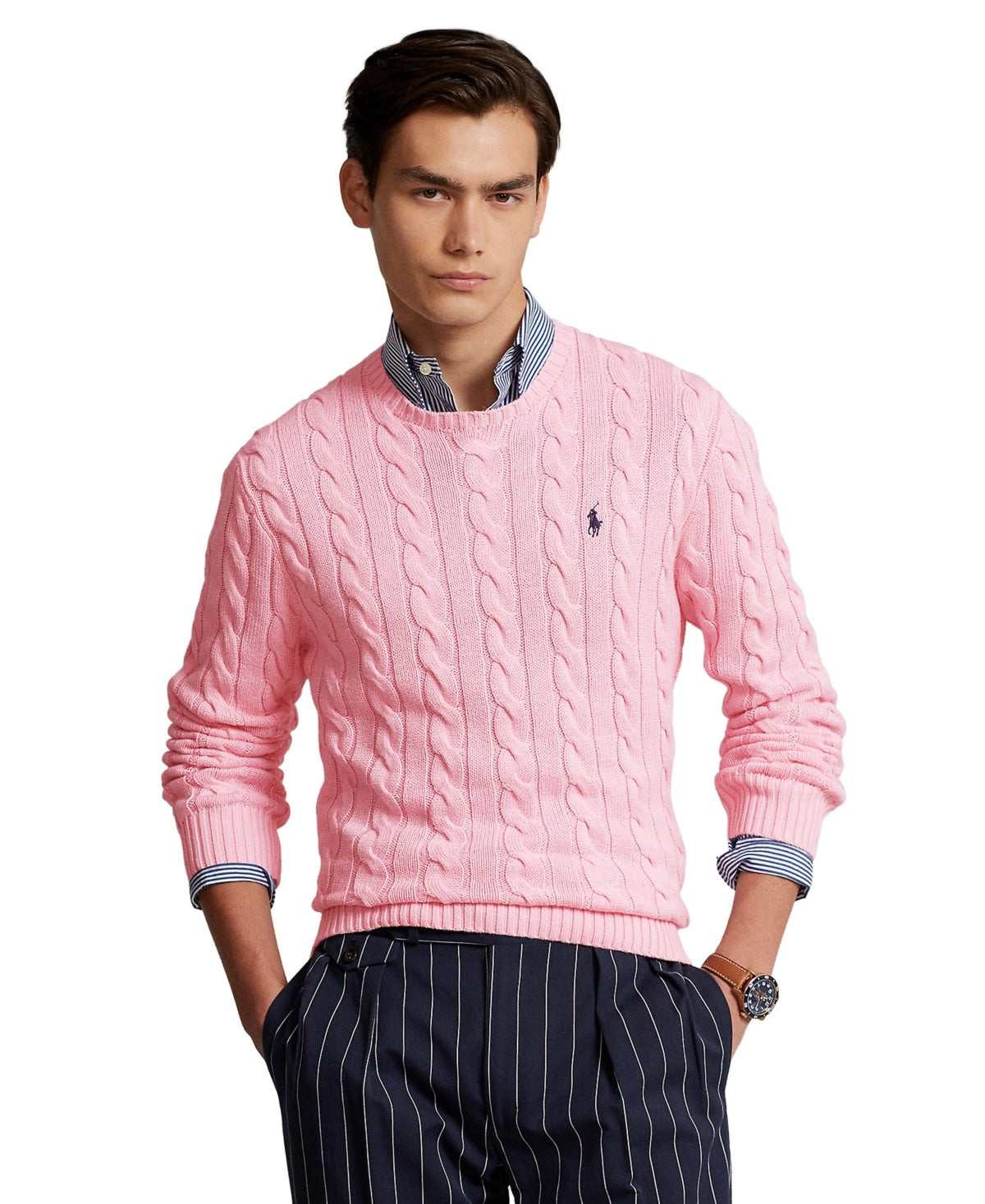 Polo Ralph Lauren Mens Cable-Knit Cotton Sweater Large Pink