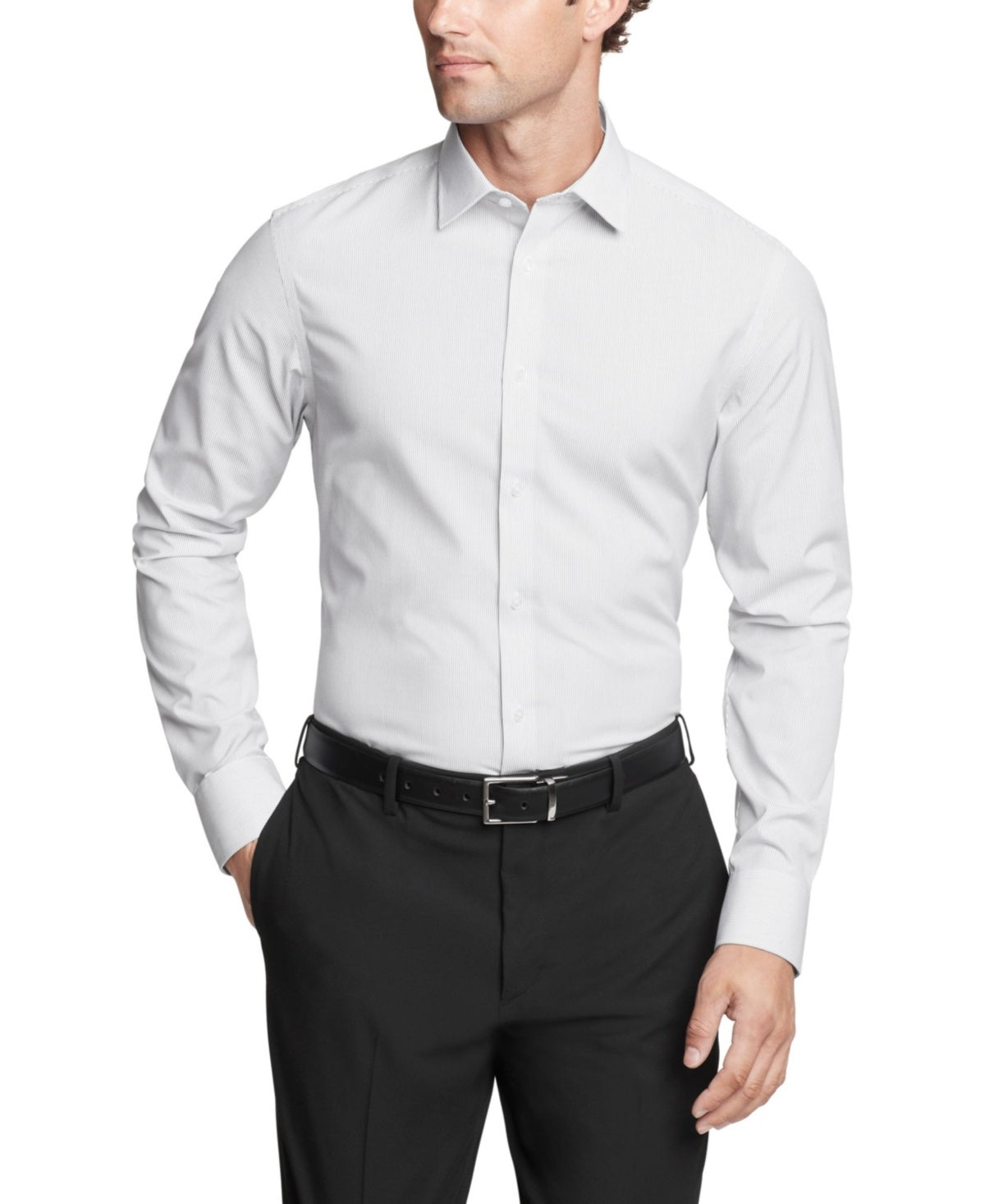 Calvin Klein Mens Slim fit Dress Shirt Small 14.5 in 32-33 Light Grey Striped