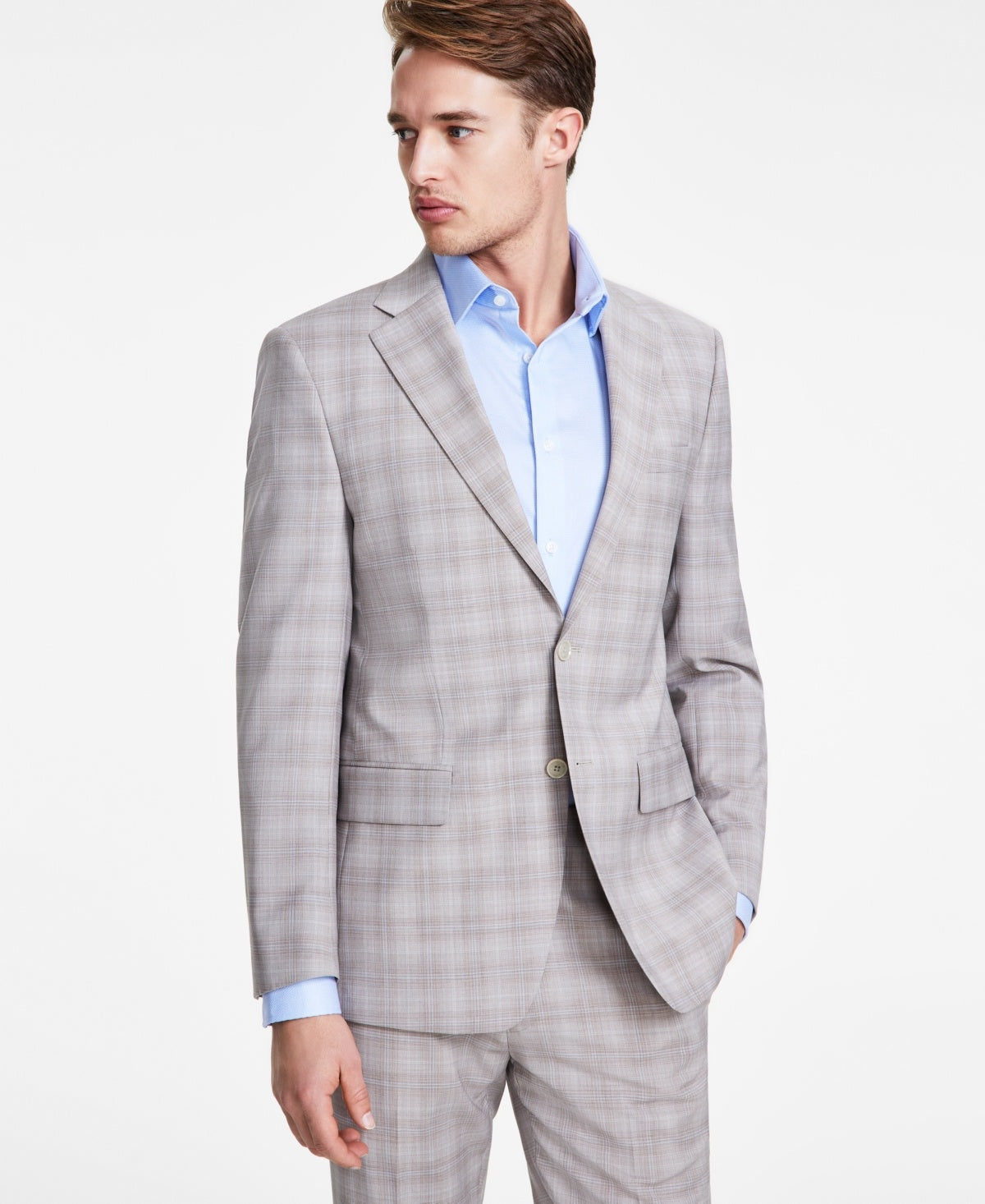 Calvin Klein Mens Slim fit Sport Coat Blazer 40 R Beige Plaid Stretch