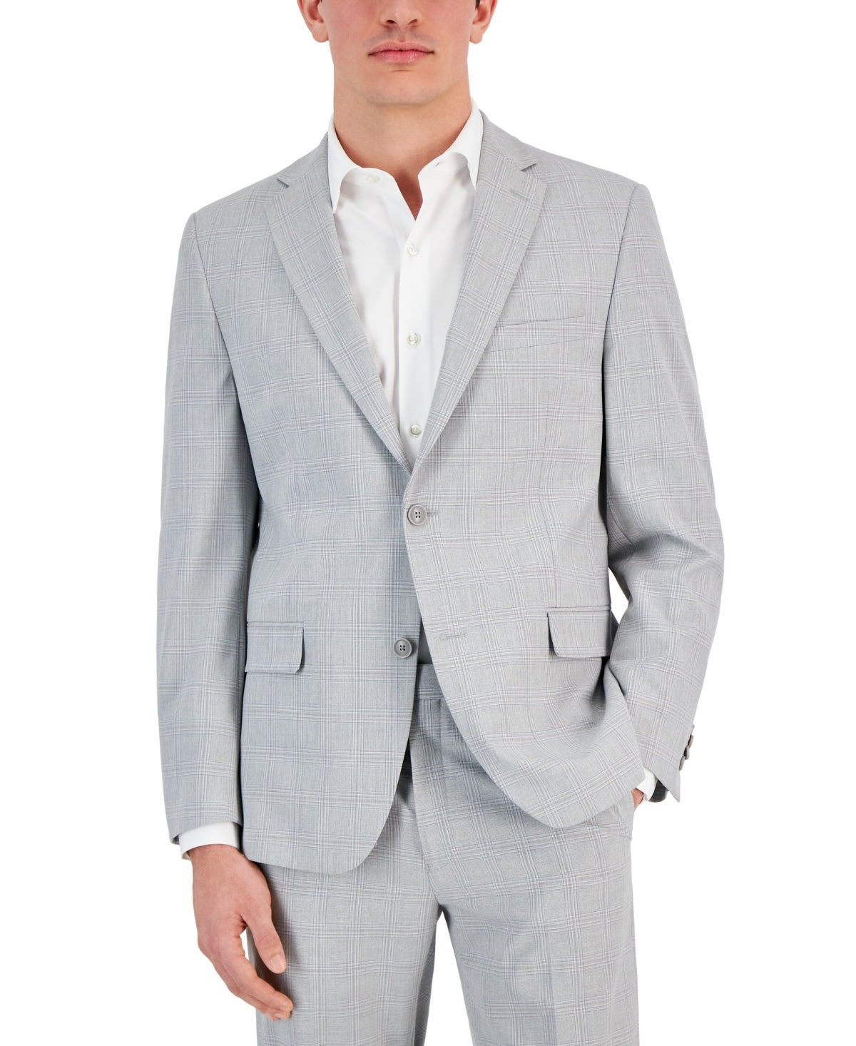 Alfani Mens Slim fit Sport Coat Blazer 46 R Light Grey Plaid Stretch