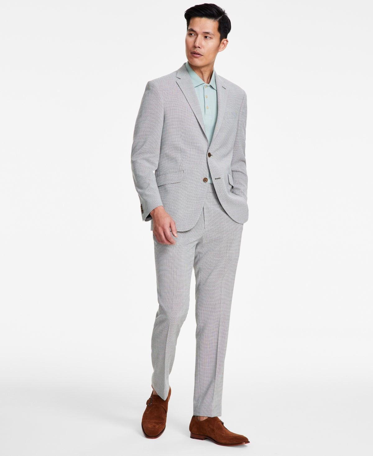 Kenneth Cole Mens Slim 2 Piece Suit 36 S / 29 Waist Green White Check Stretch