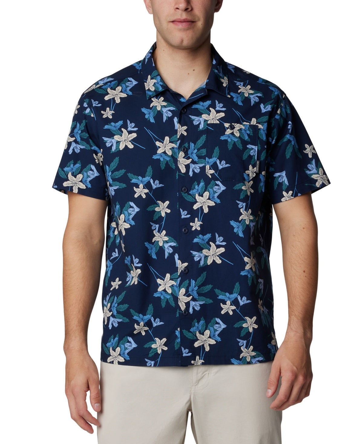 Columbia Men Regular fit Short Sleeve Button-Up Shirt Small Blue Floral