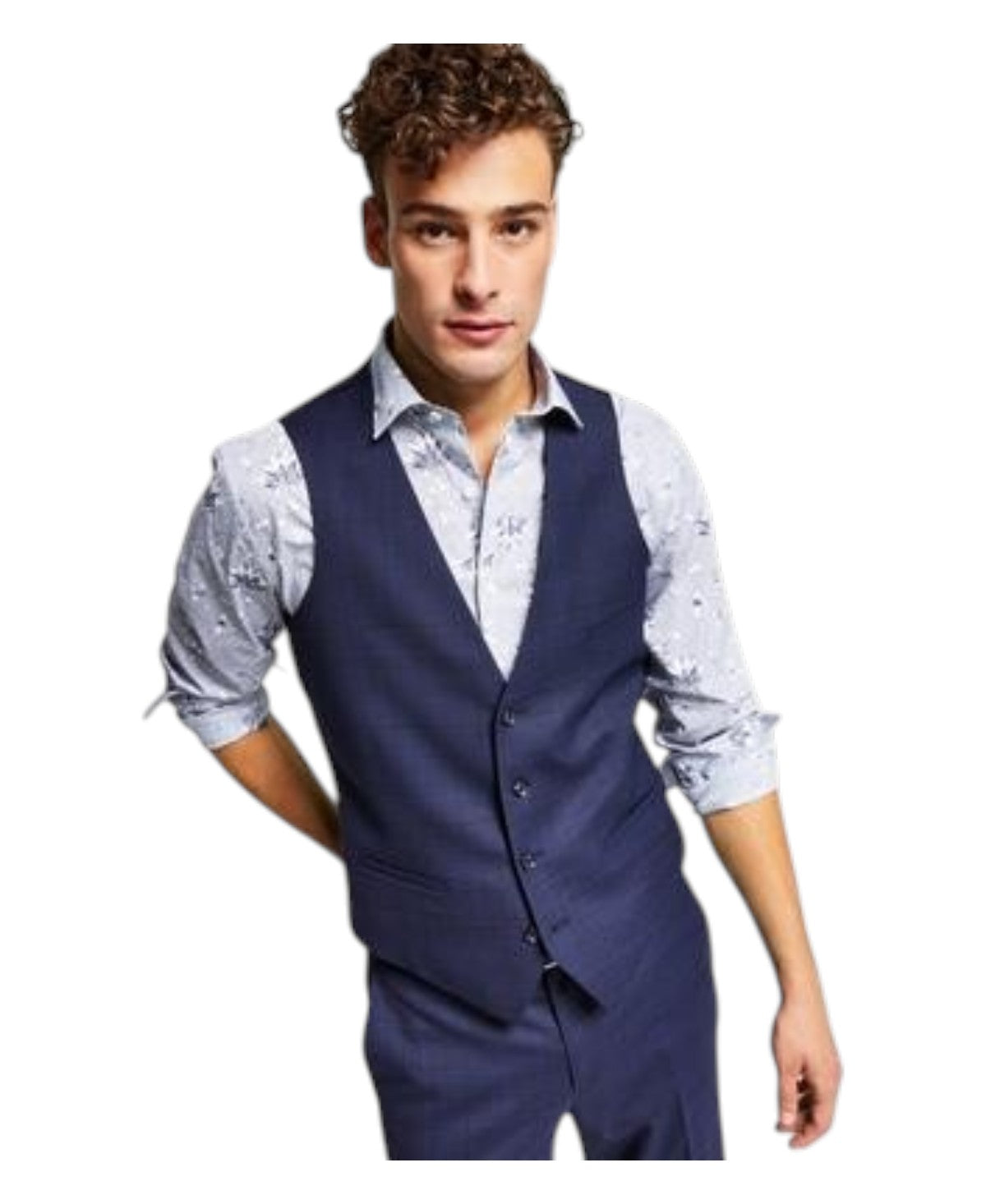 Bar Iii Mens Slim fit Button-Up Suit Vest Large Navy Blue Plaid