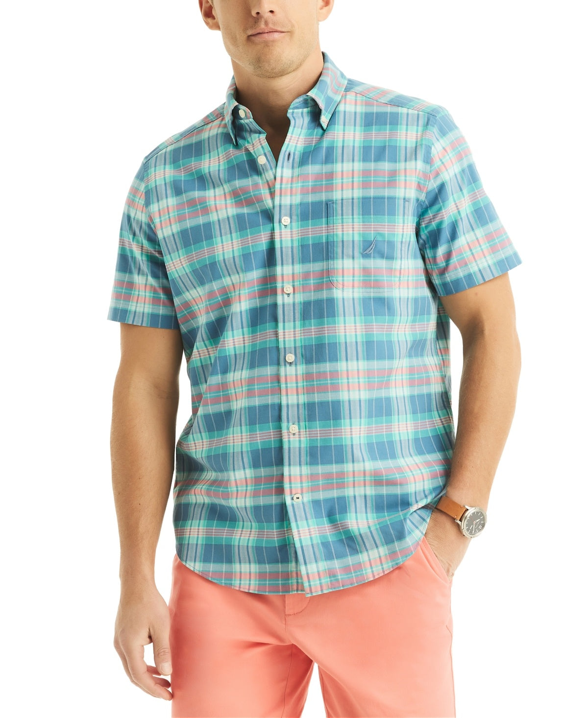 Nautica Mens Classic fit Short Sleeve Button-Up Shirt XL Blue Plaid