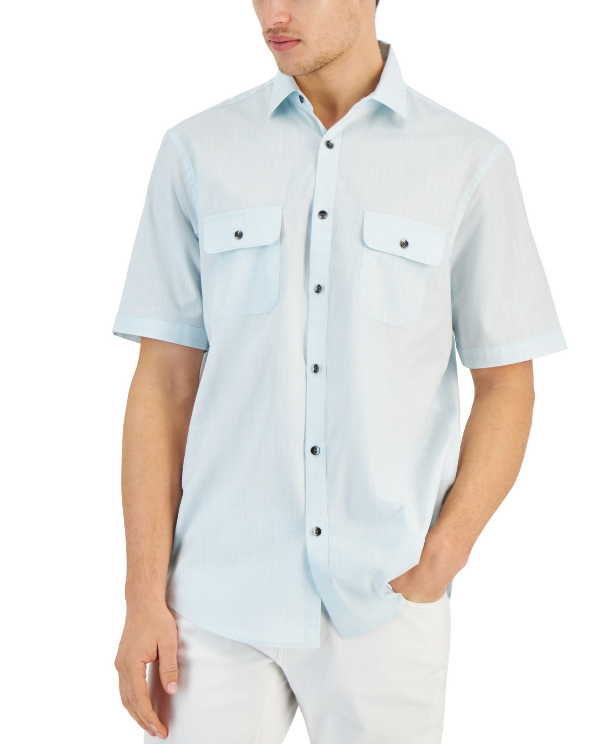 Alfani Mens Regular fit Short Sleeve Button-Up Shirt XL Green