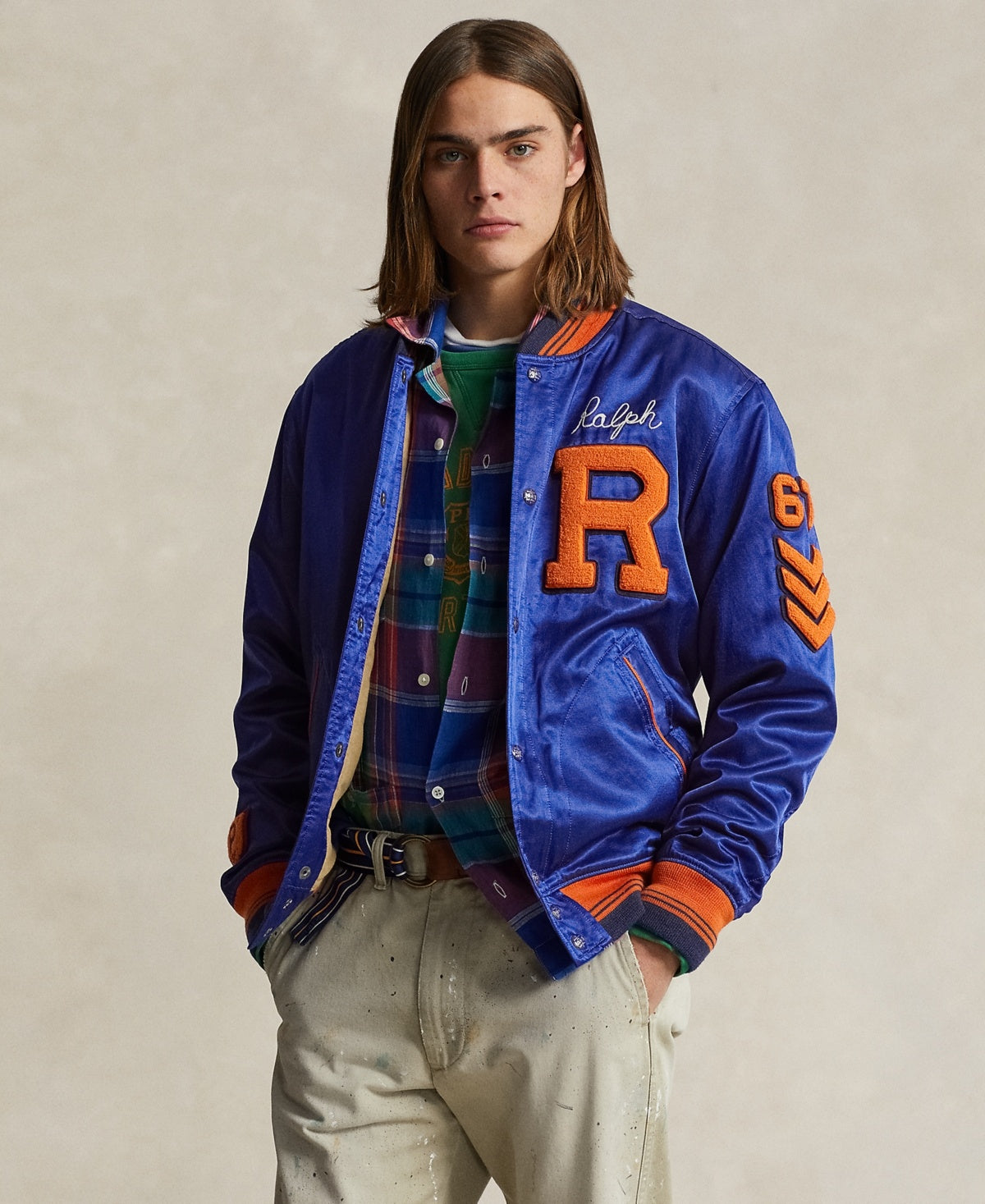 Polo Ralph Lauren Mens Satin Letterman Jacket Coat XS Blue