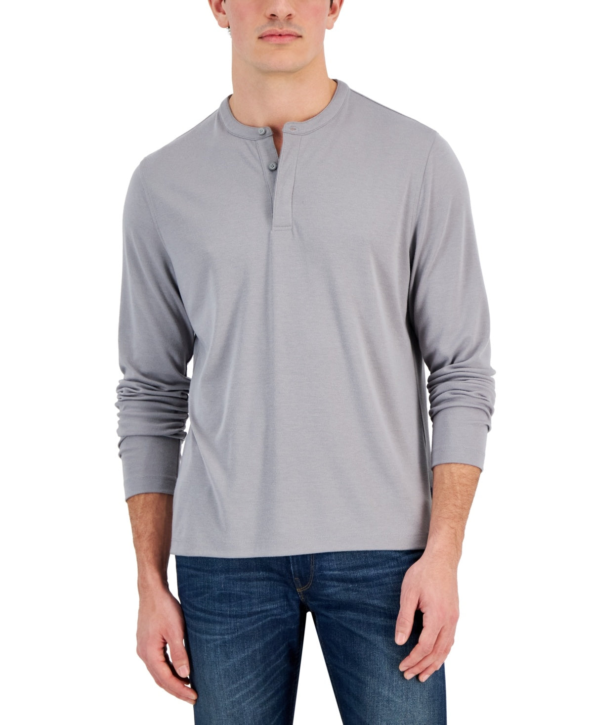 Alfani Mens Regular fit Long Sleeve Henley Shirt Medium Grey Solid