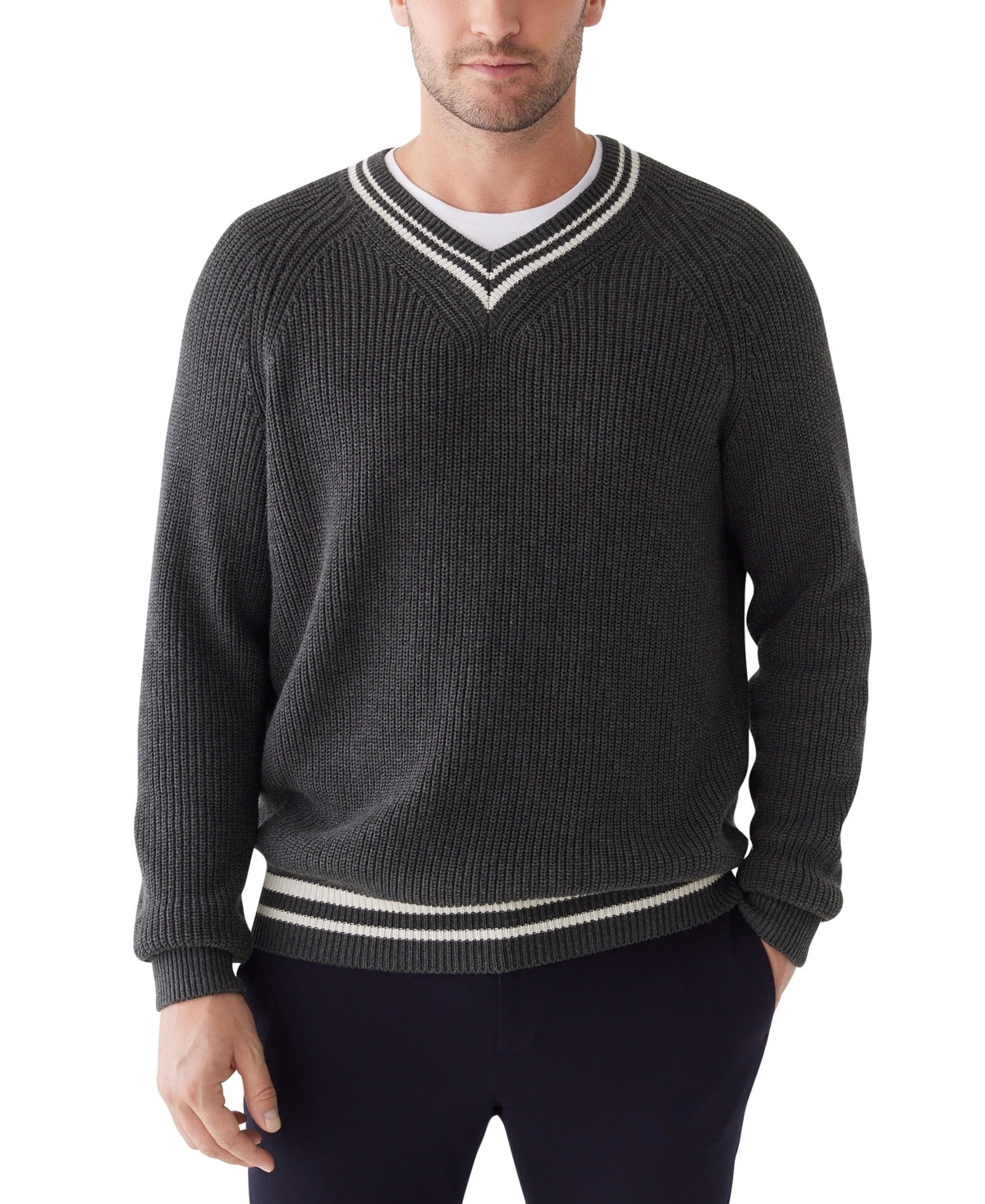 Frank And Oak Mens Relaxed Fit V Neck Sweater Dark Grey Heather XL