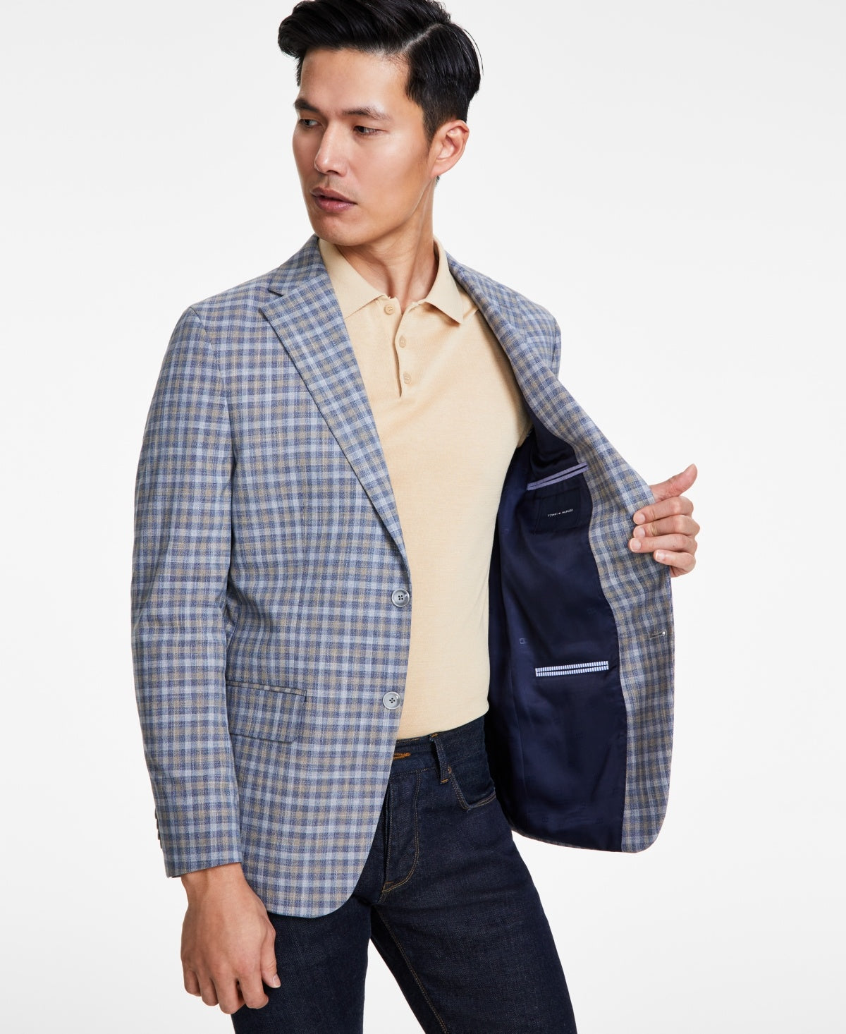 Tommy Hilfiger Mens Modern fit Sport Coat Blazer 42 L Blue Tan Check