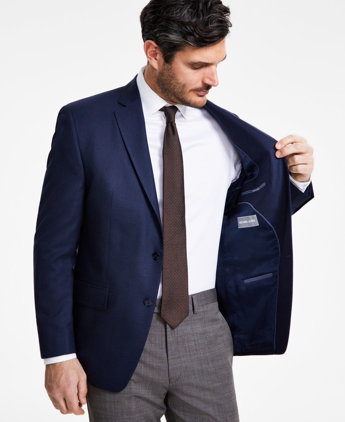 Michael Kors Mens Classic fit Sport Coat Blazer 46 R Navy Blue Check Stretch