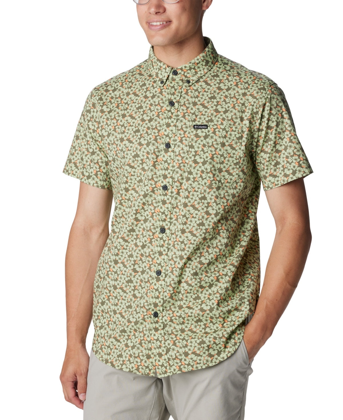 Columbia Men Regular fit Short Sleeve Button-Up Shirt Small Green Floral