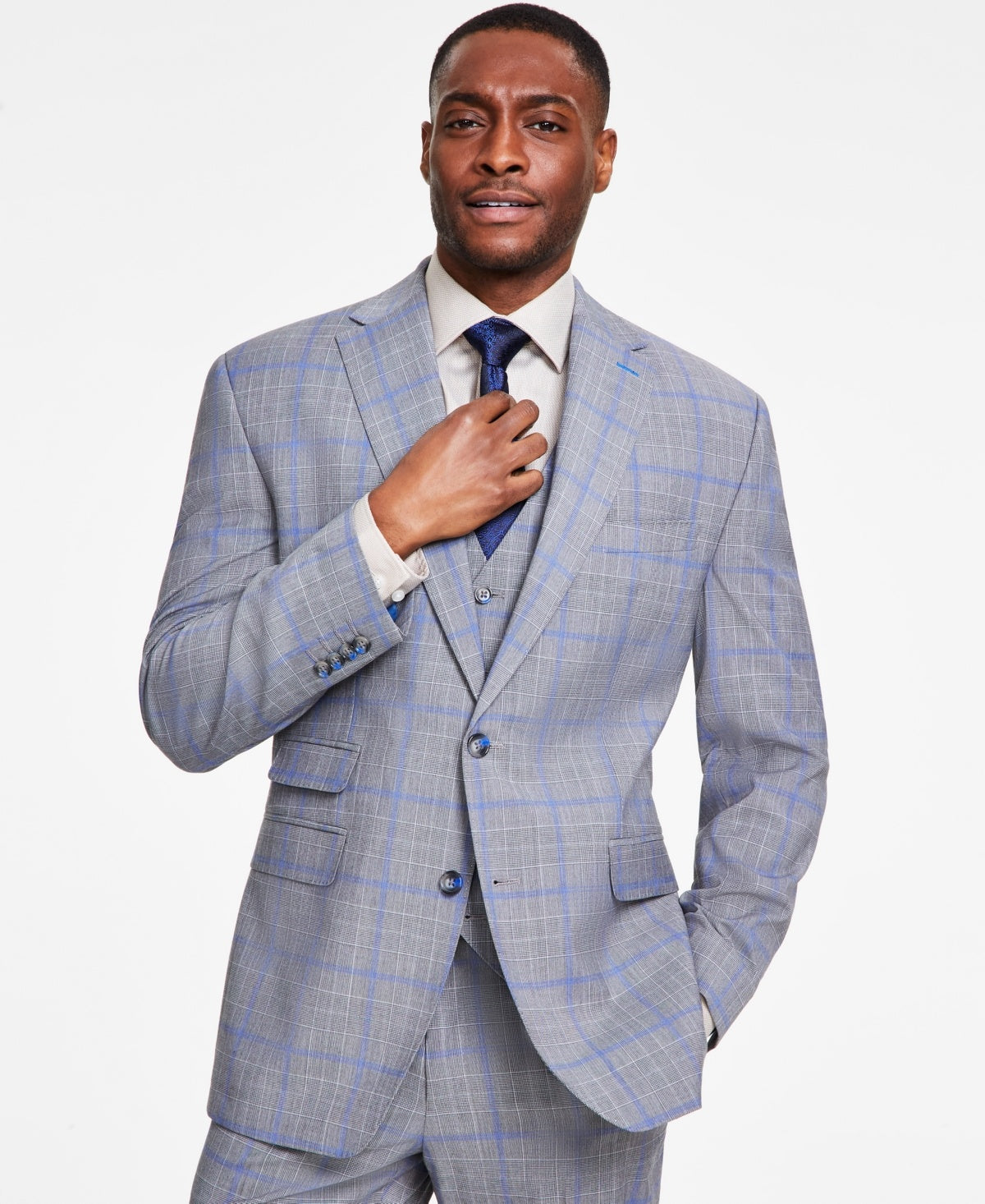 Tayion Collection Mens Classic fit Suit Jacket Blazer 40 R Grey Blue Plaid