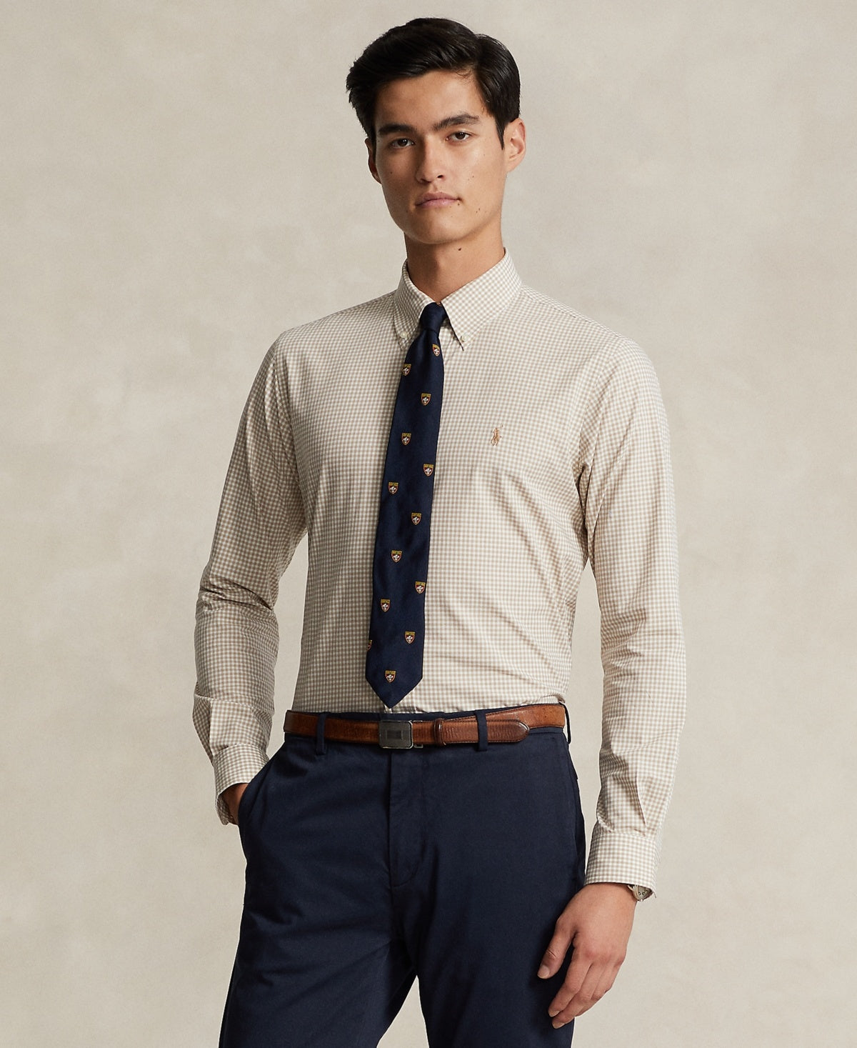 Polo Ralph Lauren Mens Slim fit Long Sleeve Button-Up Shirt Medium Beige Check Stretch