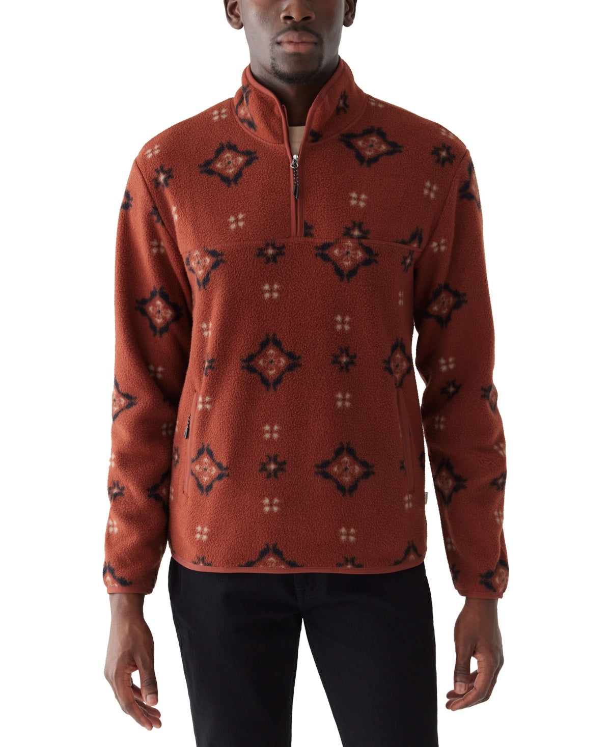 Frank And Oak Men's Relaxed Fit Half Zip Long Sleeve Geo Sweatshirt Red Large