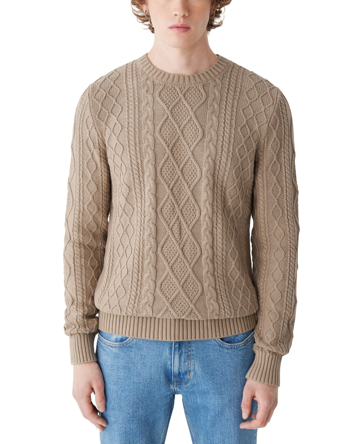 Frank And Oak Mens Classic Fit Cable Knit Crewneck Sweater Beige XXL