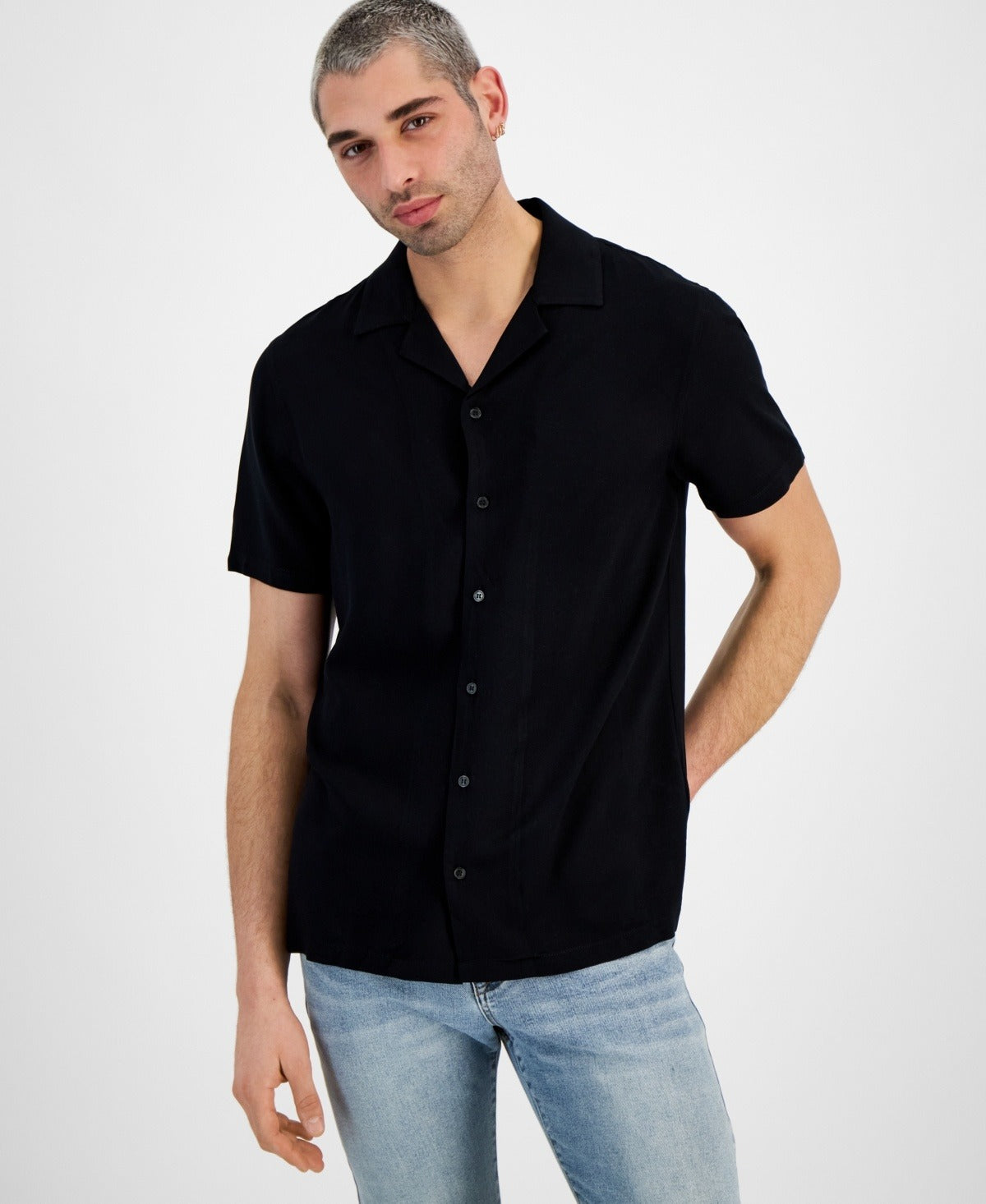And Now This Men's Challis Short Sleeve Button Up Resort Shirt Large Black
