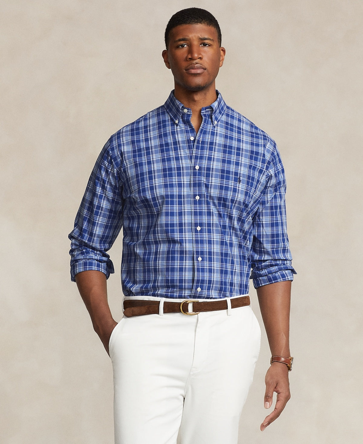 Polo Ralph Lauren Mens Classic fit Long Sleeve Button-Up Shirt 2XB Blue Plaid Stretch