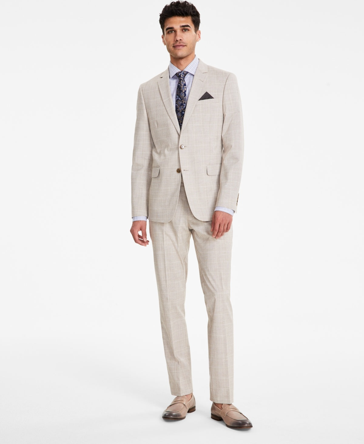 Nick Graham Mens Slim Fit Suit Jacket 46 Regular Tan Plaid NGS4567BLEE