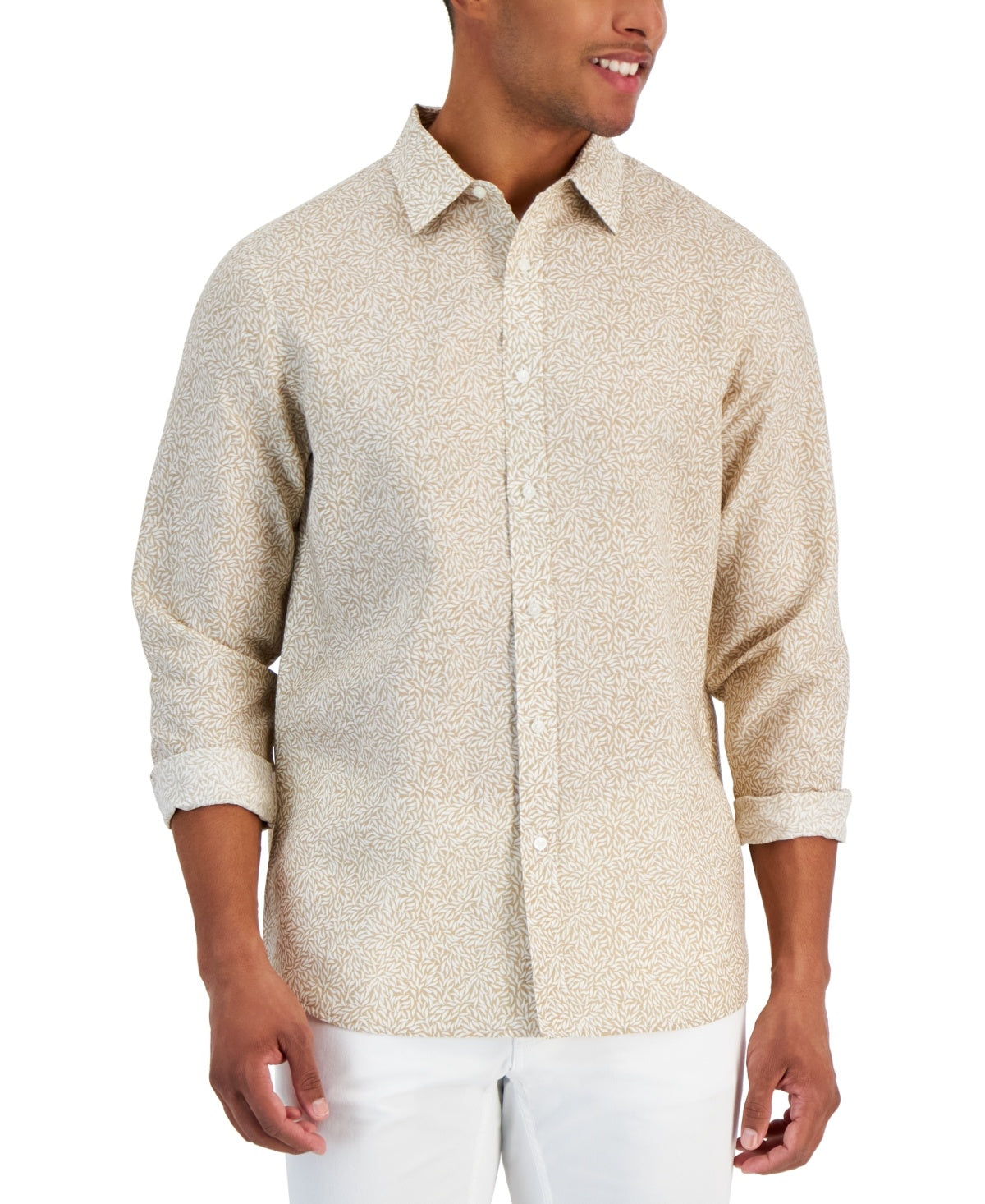 Michael Kors Mens Classic fit Long Sleeve Button-Up Shirt Small Beige Leaf Print