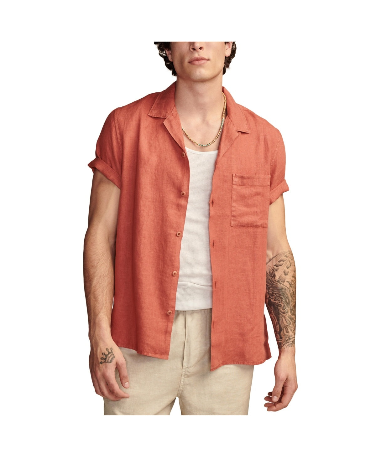 Lucky Brand Mens Linen Camp Collar Short Sleeve Button Down Shirt Orange Medium