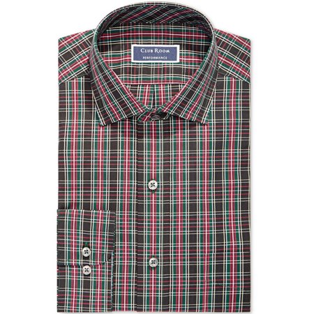 Club Room Mens Regular fit Dress Shirt XL 17.5 in 34-35 Black Red Plaid