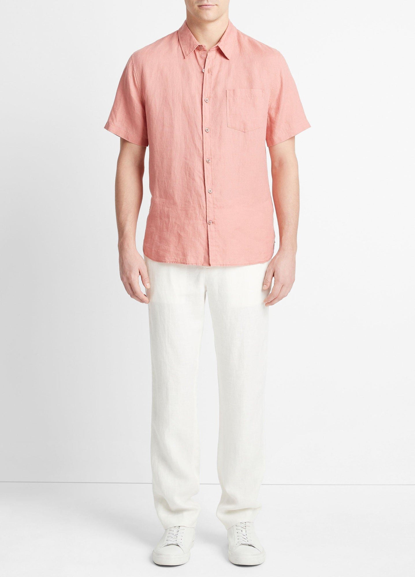 Vince Mens Regular Fit Short Sleeve Button Up Linen Shirt Medium Pink Solid