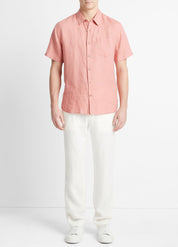 Vince Mens Regular Fit Short Sleeve Button Up Linen Shirt Medium Pink Solid