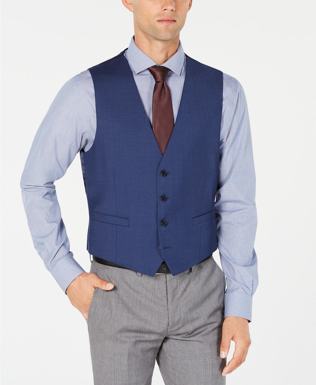 Calvin Klein Mens Slim fit Button-Up Vest Large Blue Solid Stretch