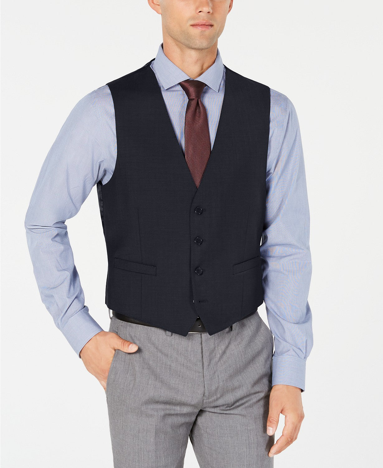 Calvin Klein Mens Button-Up Suit Vest Large Blue Stretch Wool
