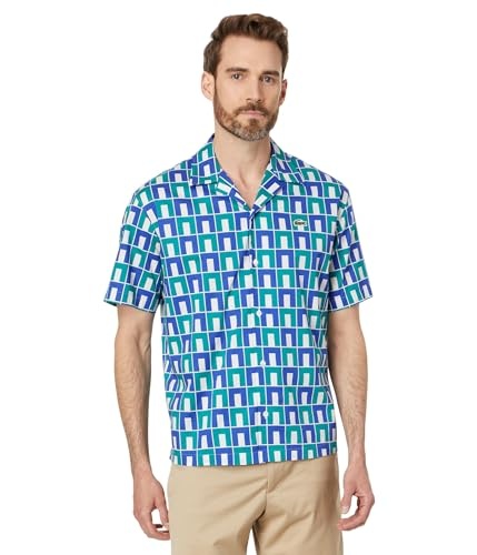 Lacoste Mens Relaxed fit Short Sleeve Button-Up Shirt XXL Blue Multi Geometric