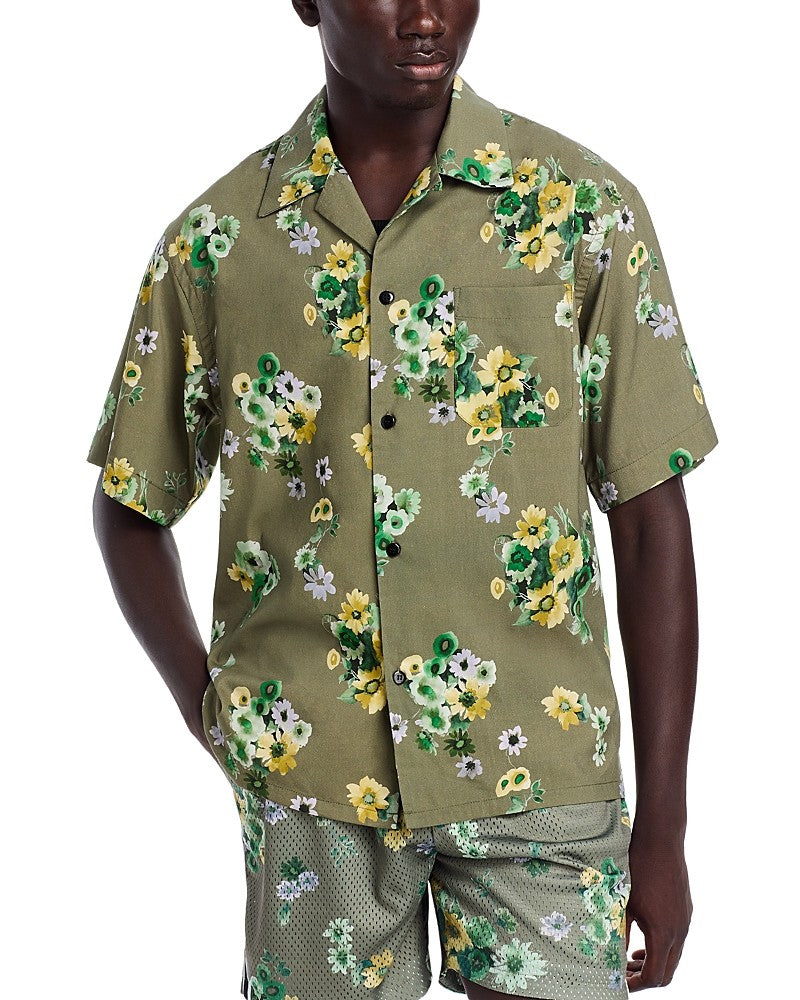 John Elliott Mens Button Up Short Sleeve Camp Shirt Green XL