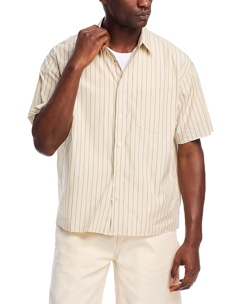 John Elliott Mens Regular Fit Short Sleeve Button Up Shirt Large Beige Striped