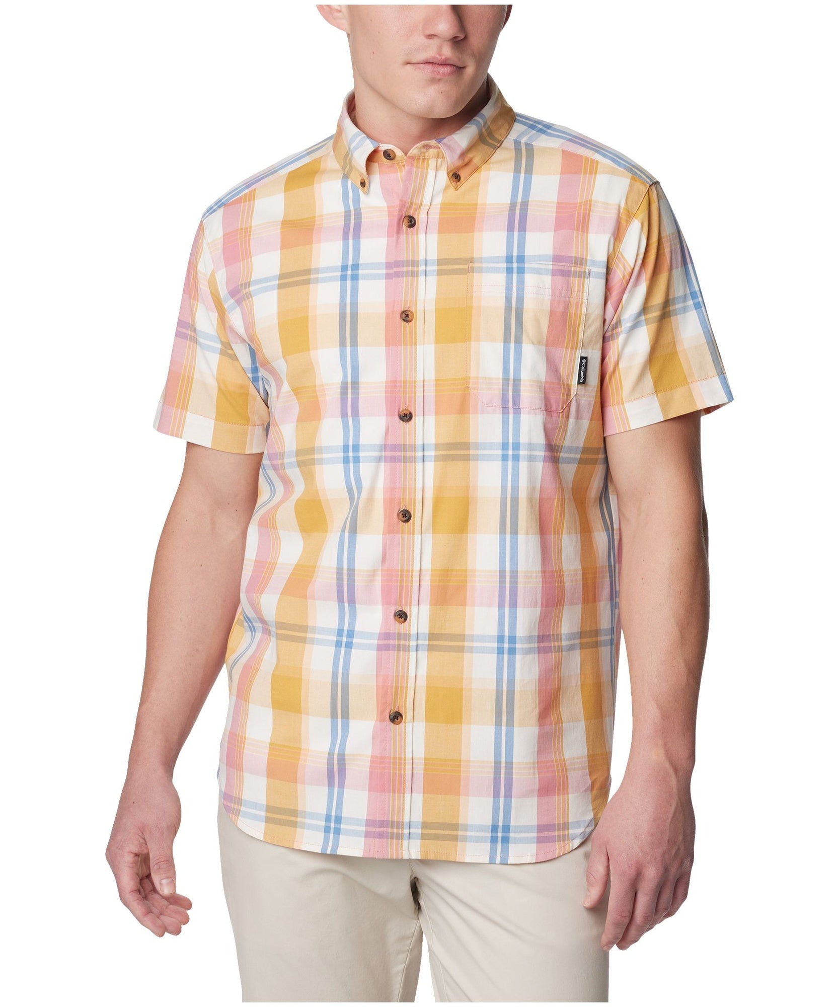 Columbia Mens Regular fit Short Sleeve Button-Up Shirt Small Pink Orange Plaid
